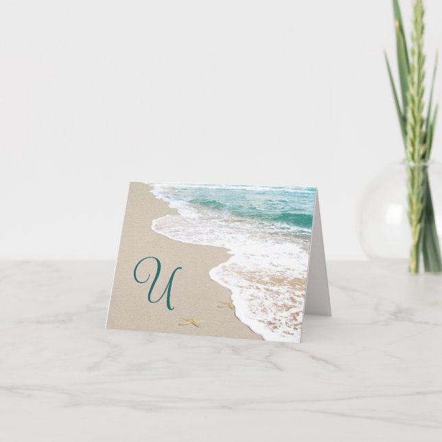 Ocean Beach With Monogram Letter U Note Card (Front)
