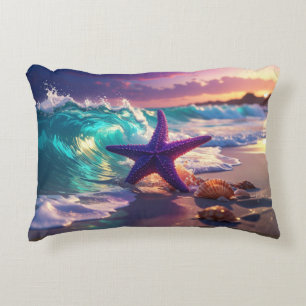 Ocean beach with violet starfish accent pillow