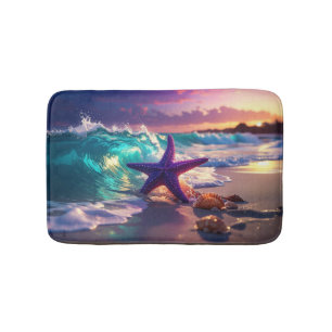 Ocean beach with violet starfish bath mat