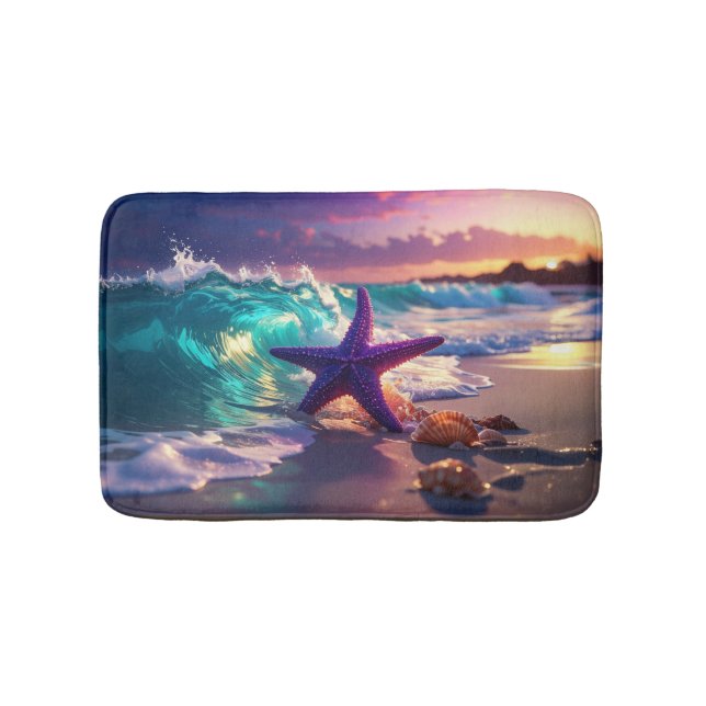 Ocean beach with violet starfish bath mat (Front)