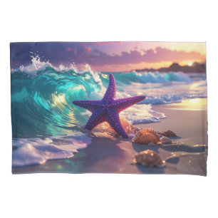 Ocean beach with violet starfish pillowcase
