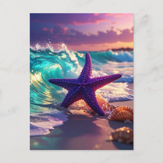 Ocean beach with violet starfish postcard (Front)