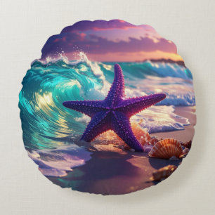 Ocean beach with violet starfish round pillow