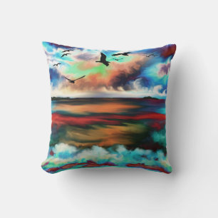 OCEAN BIRDS BEACH WATERCOLOR THROW PILLOWS
