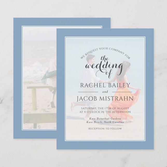 Ocean Blue 2-Photo Budget Wedding Invitation (Front/Back)
