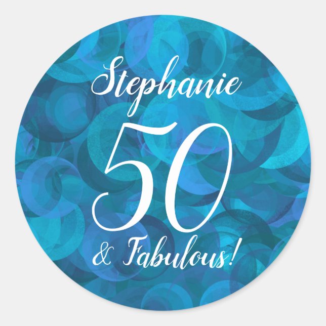  Ocean Blue 50 and Fabulous Birthday Favour Classic Round Sticker (Front)