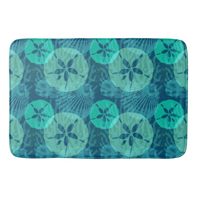 Ocean Blue and Aqua Sand Dollars and Sea Shells Bath Mat (Front)