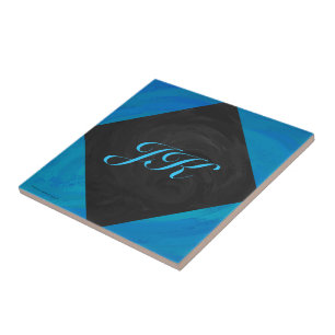 Ocean Blue and Black Monogram Tile