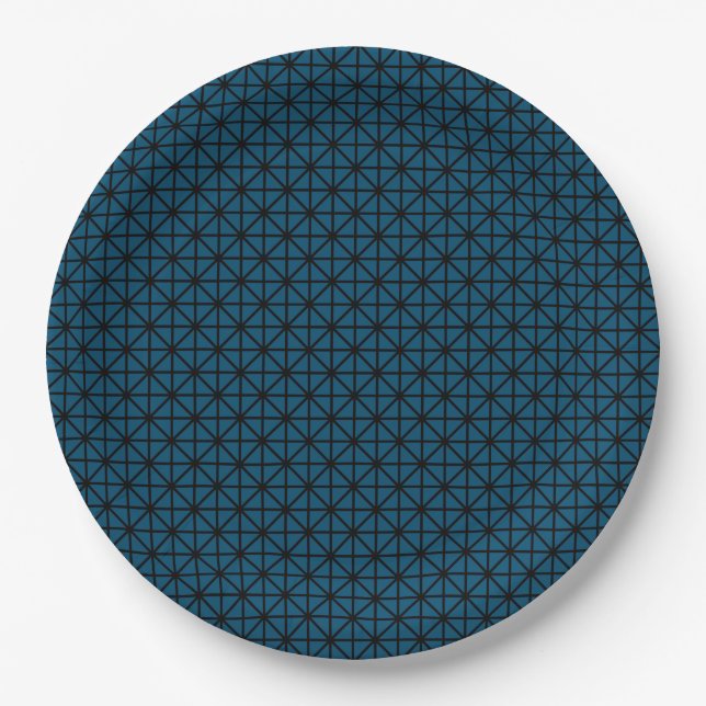 Ocean Blue and Black Squares Pattern Paper Plate (Front)