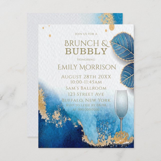 Ocean Blue and Gold Agate Brunch and Bubbly Invitation (Front/Back)