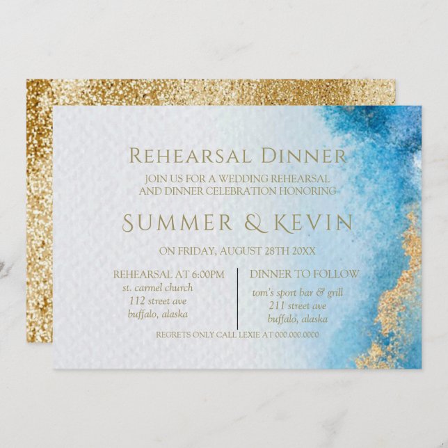 Ocean Blue and Gold Agate Rehearsal Dinner  Invitation (Front/Back)