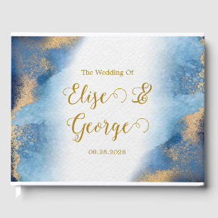 Ocean Blue and Golden Watercolor Wedding Guest Book