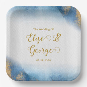 Ocean Blue and Golden Watercolor Wedding Paper Plate