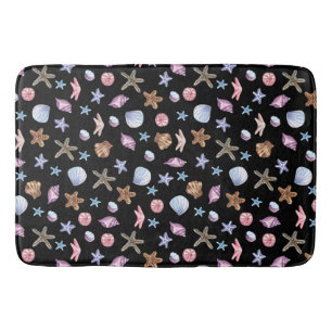 Ocean Blue and Purple Summer Starfish and Seashell Bath Mat