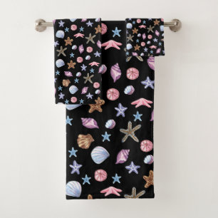 Ocean Blue and Purple Summer Starfish and Seashell Bath Towel Set