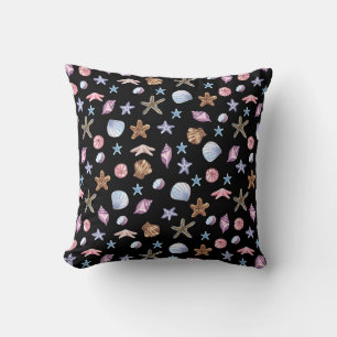 Ocean Blue and Purple Summer Starfish and Seashell Throw Pillow