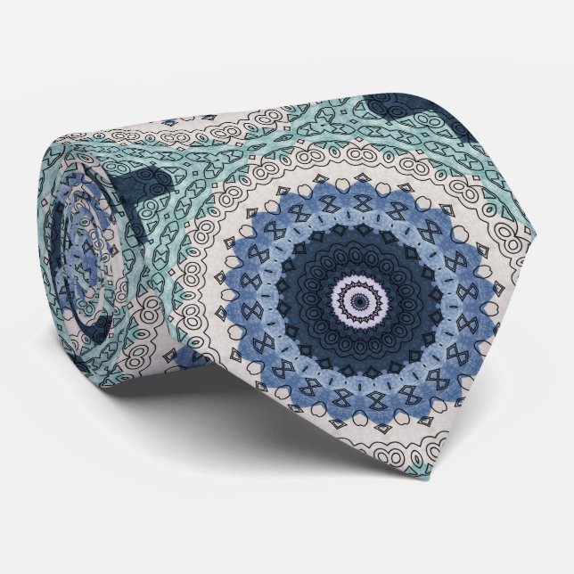 Ocean Blue and White Mandala Design Tie (Rolled)