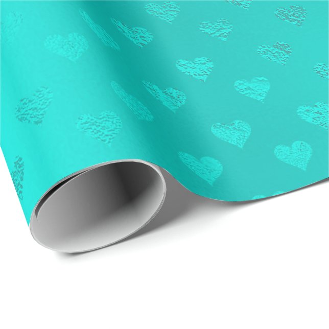 Ocean Blue Aqua Metallic  Hearts  Beach Wedding Wrapping Paper (Roll Corner)