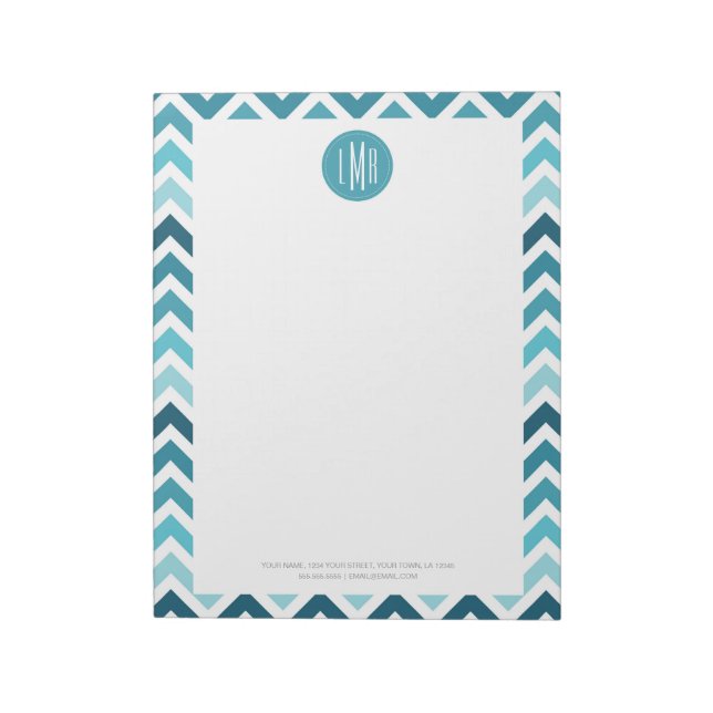 Ocean Blue Chevron Ombre ZigZag Monogrammed Notepad (Rotated)