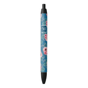 Ocean Blue   Chic Watercolour Floral Monogram Black Ink Pen