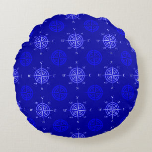 Ocean Blue Compass Rose Round Pillow