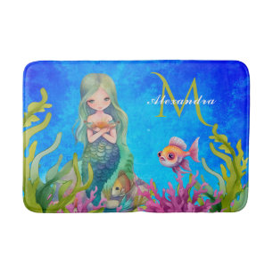 Ocean Blue Cute Monogram Name  Mermaid Bath Mat