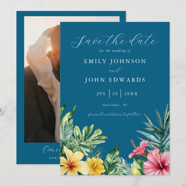 Ocean Blue Elegant Tropical Flowers Photo Wedding Save The Date (Front/Back)