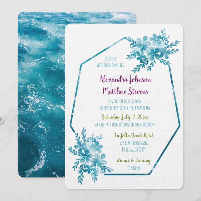 Ocean Blue Floral Beach Wedding Invitation (Front/Back)