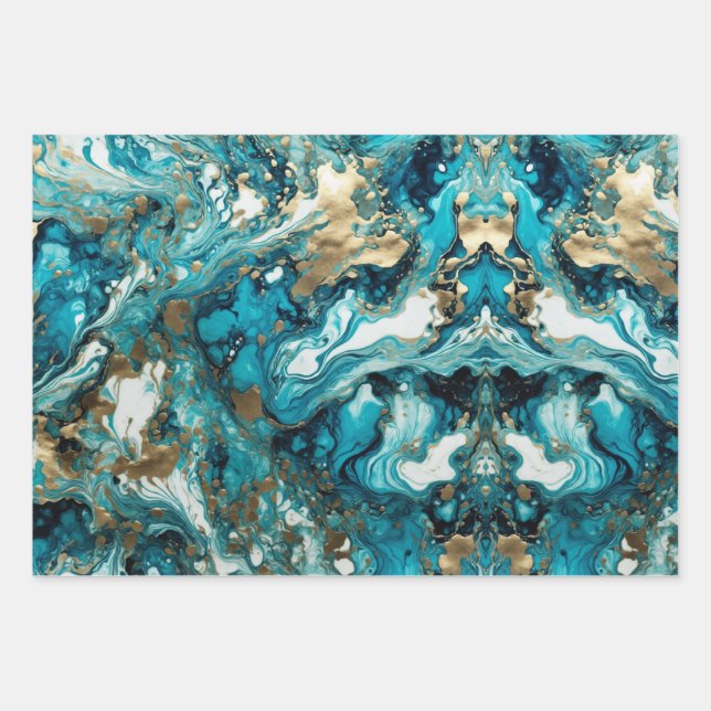ocean blue fluid pattern, turquoise, watery wrapping paper sheet (Front 2)