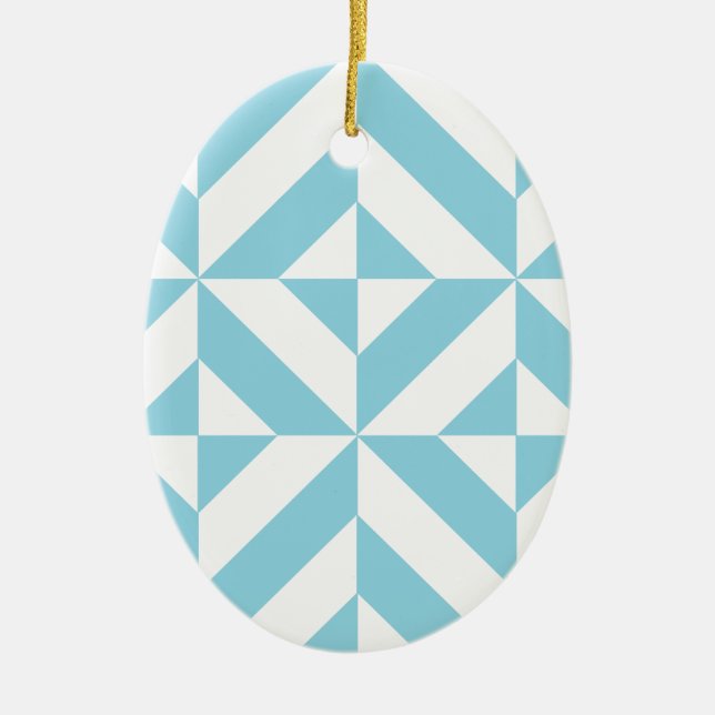 Ocean Blue Geometric Deco Cube Pattern Ceramic Ornament (Front)