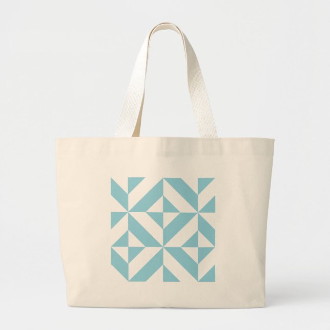 Ocean Blue Geometric Deco Cube Pattern Large Tote Bag (Front)
