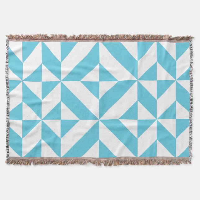 Ocean Blue Geometric Deco Pattern Throw Blanket (Front)