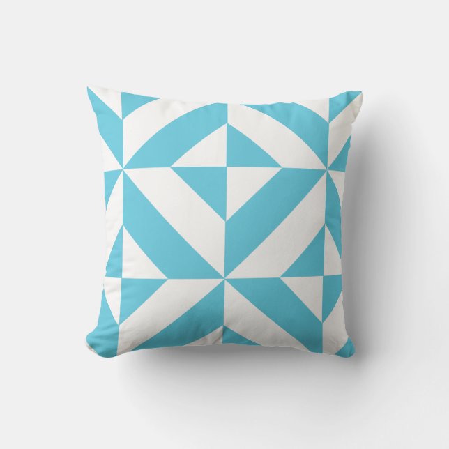 Ocean Blue Geometric Deco Pattern Throw Pillow (Front)