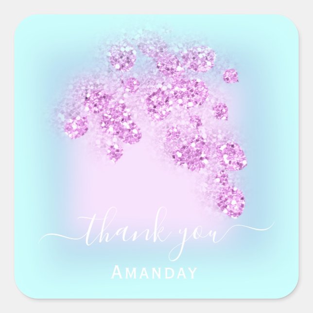 Ocean Blue Glitter Floral Pink Thank You Summer Square Sticker (Front)