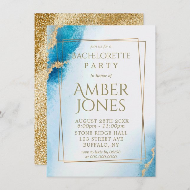 Ocean Blue Gold Agate Bachelorette Party Invites (Front/Back)