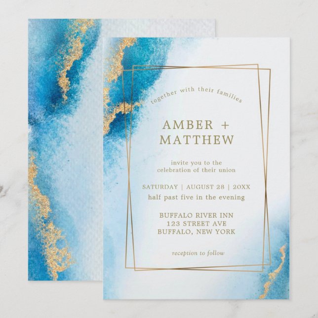 Ocean Blue Gold Glitter Agate Wedding Invitations (Front/Back)