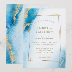 Ocean Blue Gold Glitter Agate Wedding Invitations