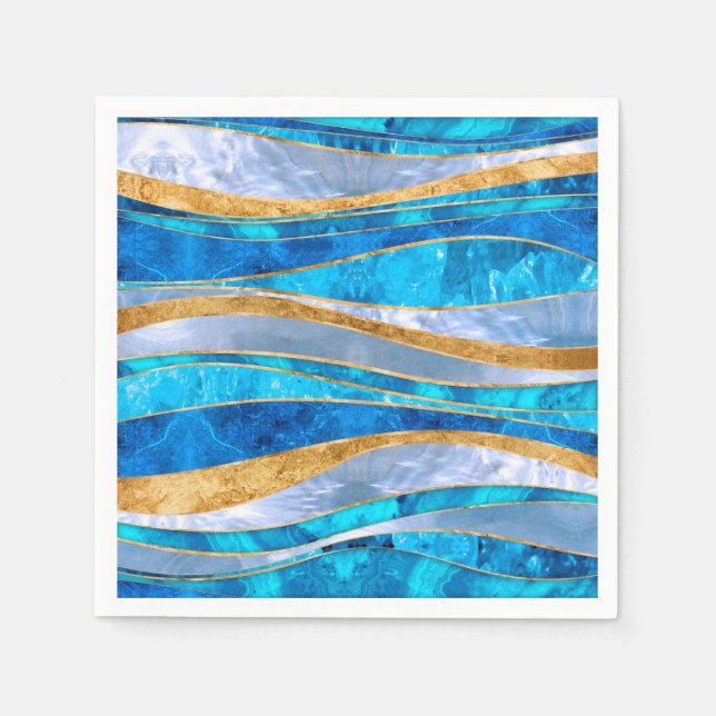 Ocean Blue Gold Metallic Wavy Abstract Napkin (Front)
