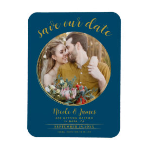 Ocean Blue & Gold Modern Round Photo Save the Date Magnet