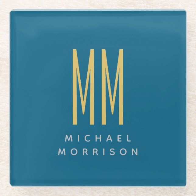 Ocean Blue Gold Monogram Initial Letters Name Glass Coaster (Front)