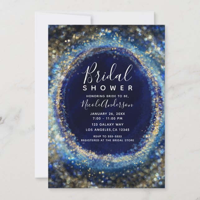 Ocean Blue & Gold Sparkling Lights Bridal Shower Invitation (Front)
