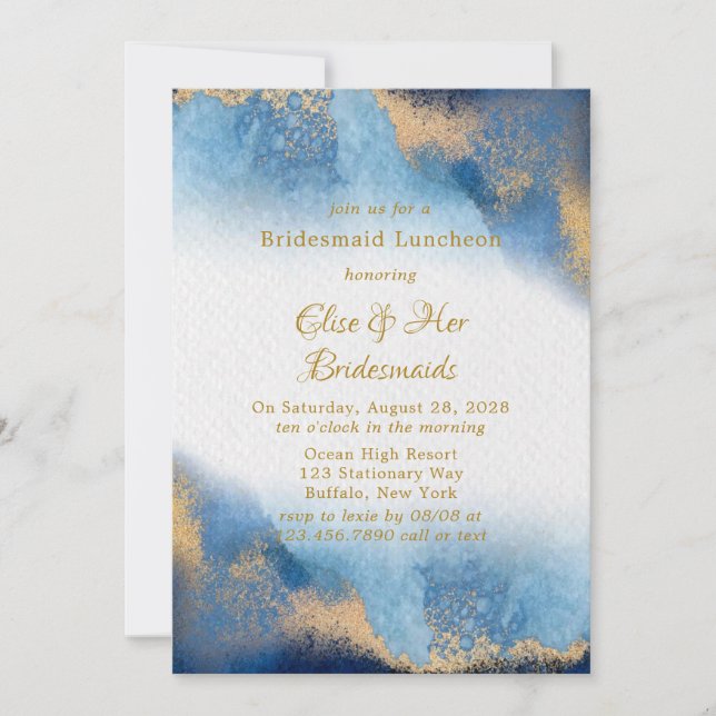 Ocean Blue Golden Watercolor Bridesmaids Luncheon Invitation (Front)