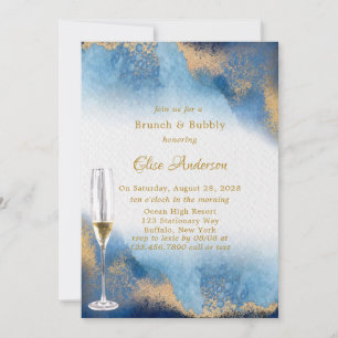 Ocean Blue Golden Watercolor Brunch & Bubbly Invitation