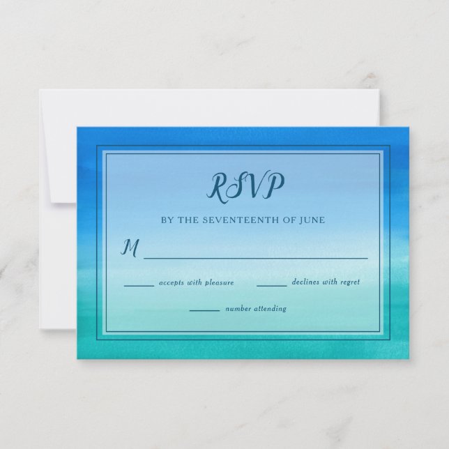 Ocean Blue Green Beach Wedding RSVP Card (Front)
