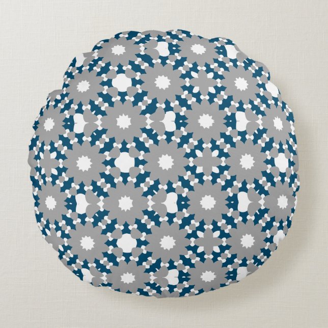 Ocean Blue Grey White Connected Circles Pattern Round Pillow (Front)