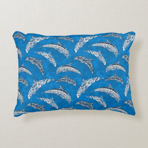 Ocean Blue Hawaiian Tribal Dolphins Accent Pillow