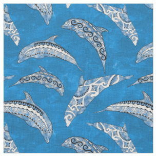 Ocean Blue Hawaiian Tribal Dolphins Fabric