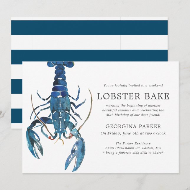 Ocean Blue Lobster Bake Birthday | Striped Invitation (Front/Back)