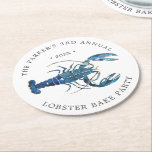 Ocean Blue Lobster Bake Round Paper Coaster<br><div class="desc">Personalized Blue Lobster themed food paper coasters for your next Lobster Bake Party or seafood event.  It features a watercolor styled illustration of a blue lobster. Surrounding this are spots for your unique event information.</div>