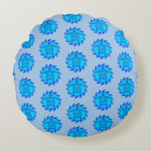 Ocean Blue Maori Sun Tribal Turtles Round Pillow